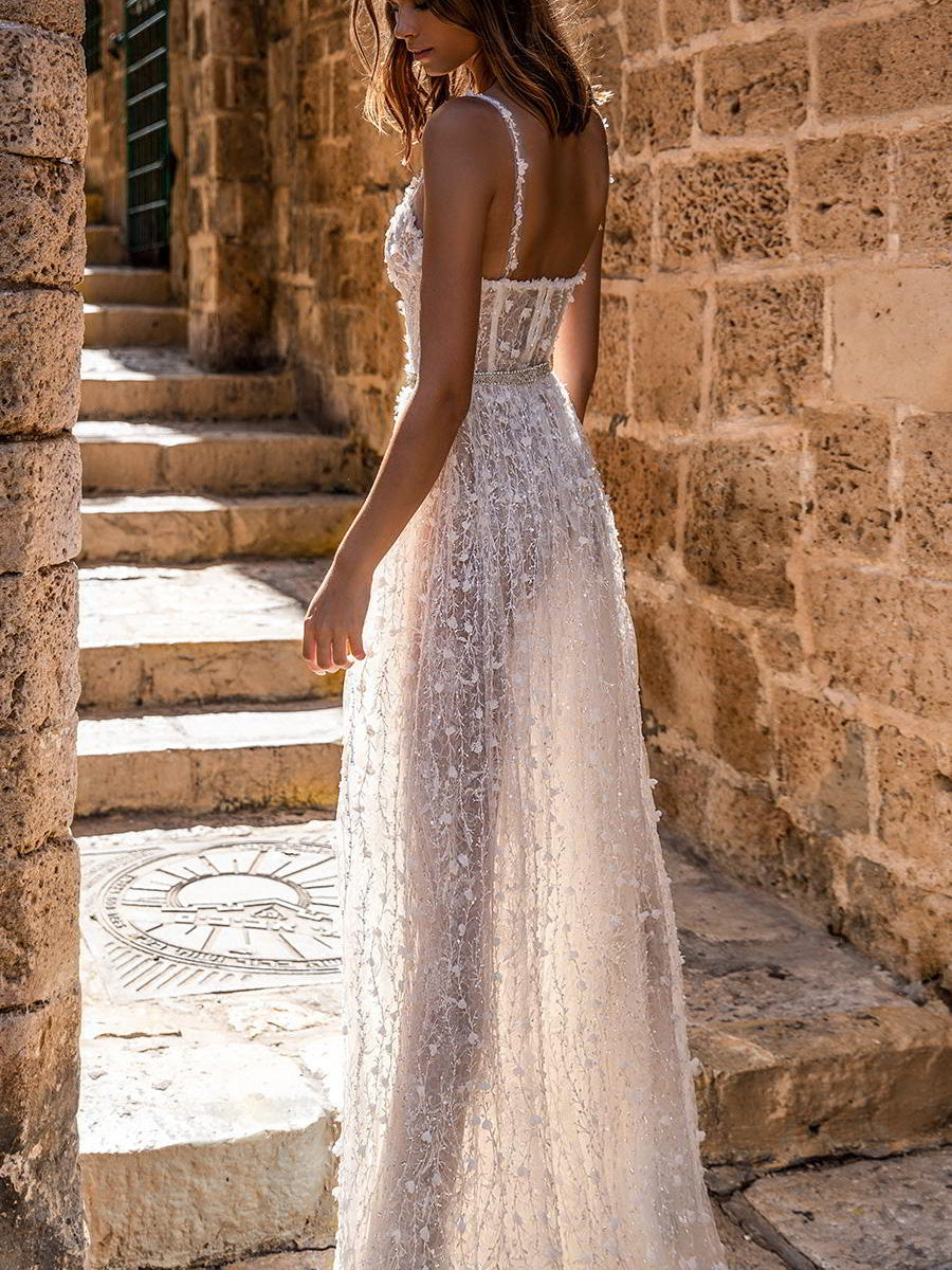 Elegante y encantador vestido de noche para boda con tirantes largos 