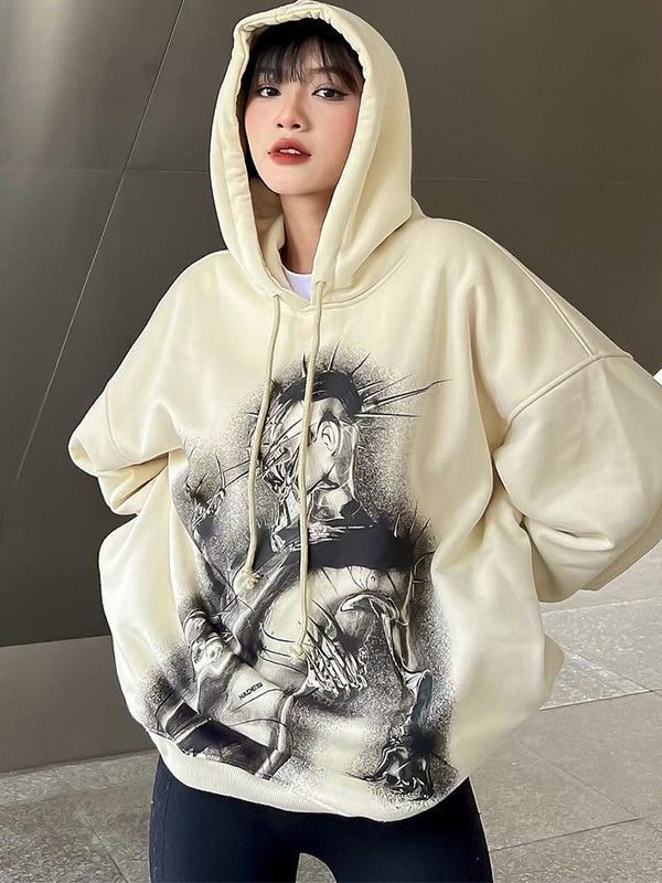Printed Casual Loose Hooded Long Sleeves Pullover Sweater