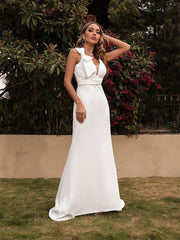 Vestido de noche blanco con escote en V y lazo 