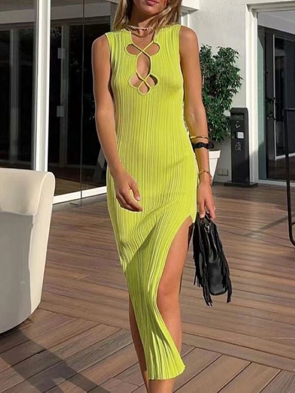 Fashionable Hollow Out Round Neck Sleeveless Slim Fitting Dress