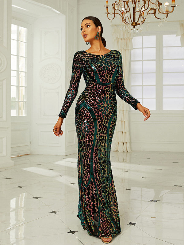 Round Neck Long Sleeve Temperament Evening Dress