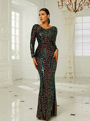 Round Neck Long Sleeve Temperament Evening Dress