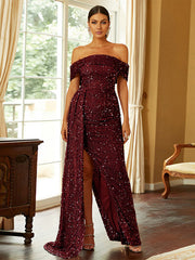 Boat Neck Temperament Long Sequined Banquet Fishtail Small Tail Evening Dress