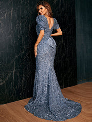 V-neck Sequined Fishtail Banquet Small Mopping Split Evening Dress