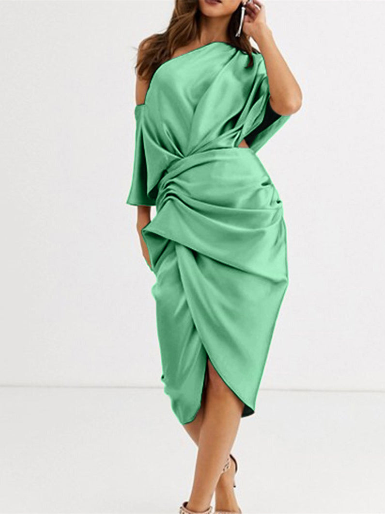Elegant Slanted Shoulder Satin Evening Dress