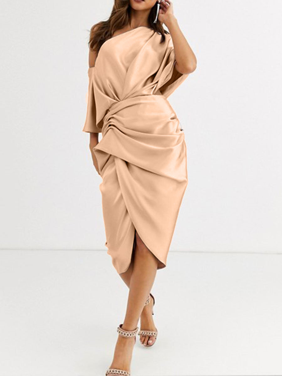 Elegant Slanted Shoulder Satin Evening Dress