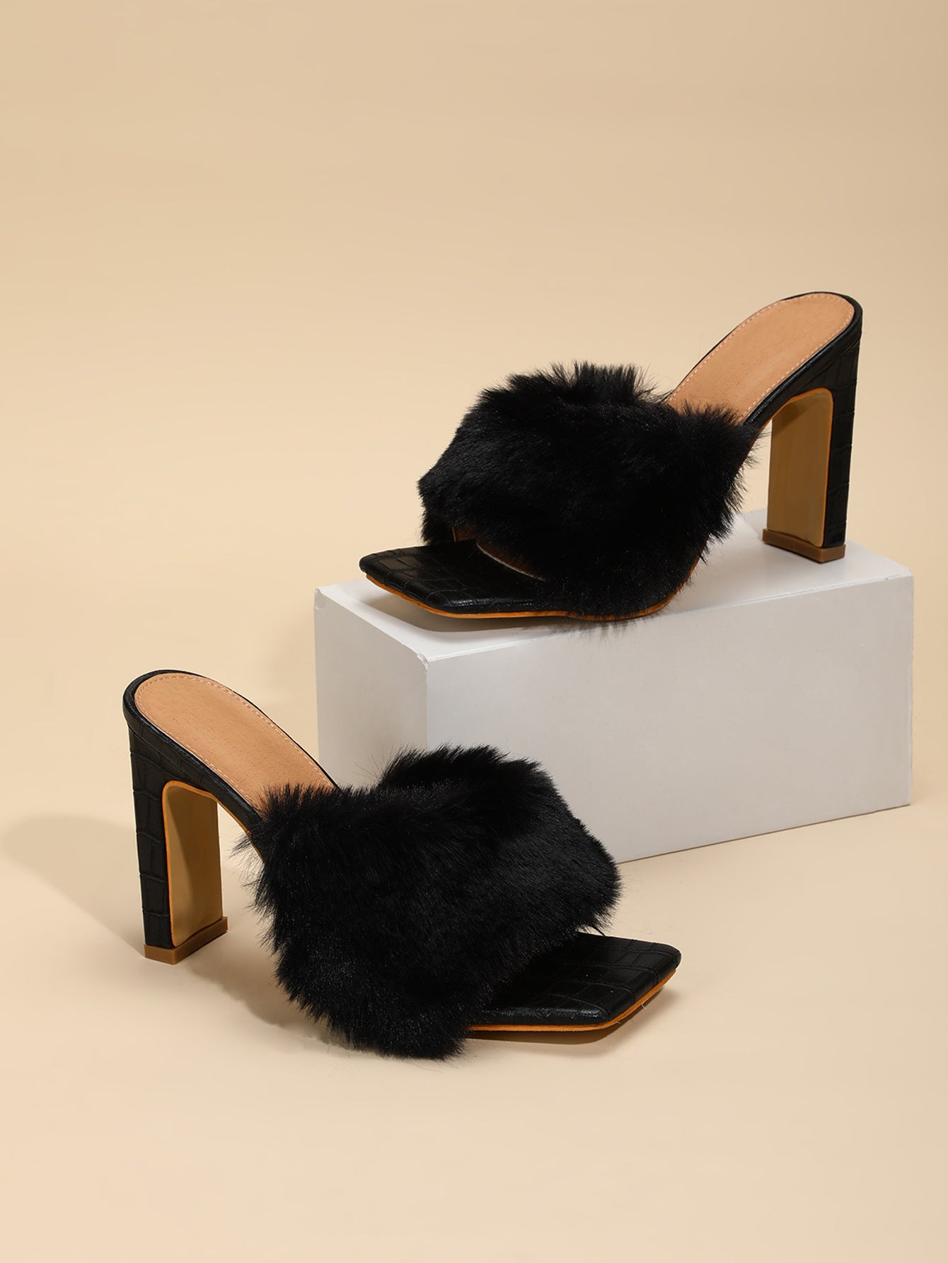 Square Toe Fashion Fur Shoes Open Toe Chunky Heels