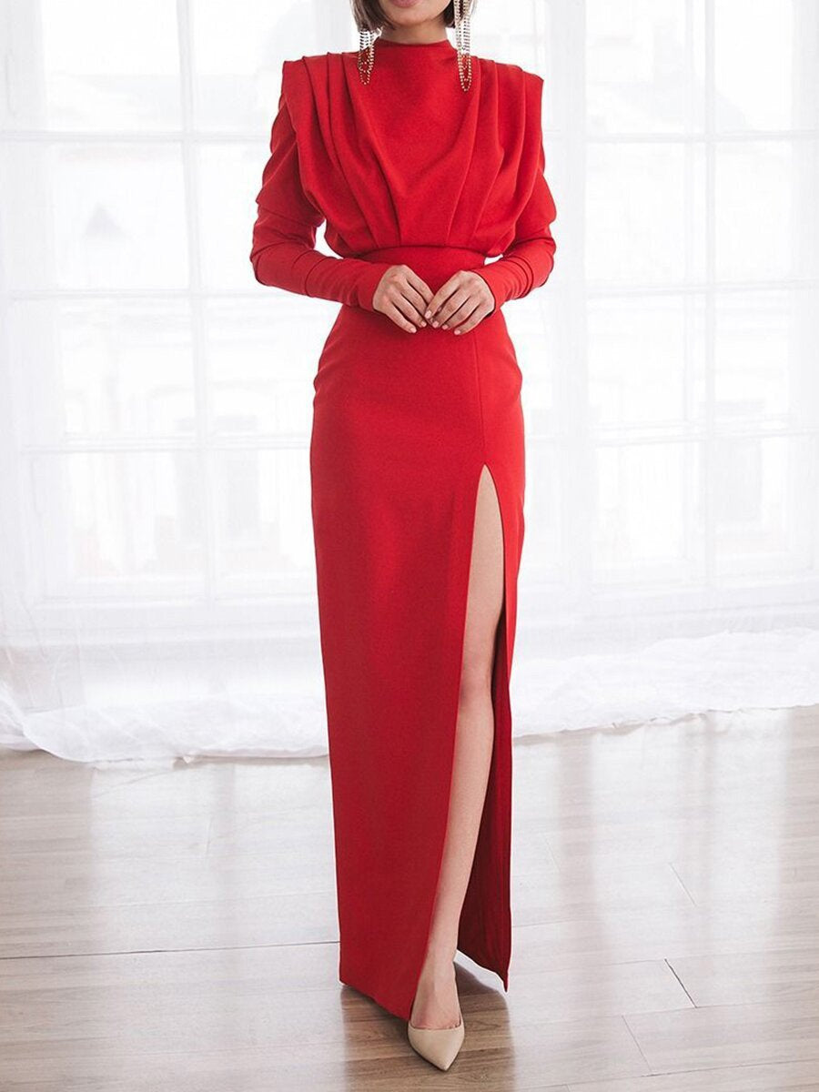 Elegant Turtleneck Slit Evening Dress