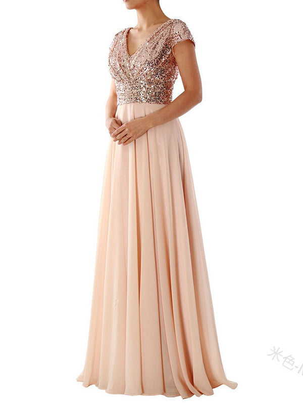 V-neck Sequined Chiffon Panel Evening Dress Bridesmaid Dress