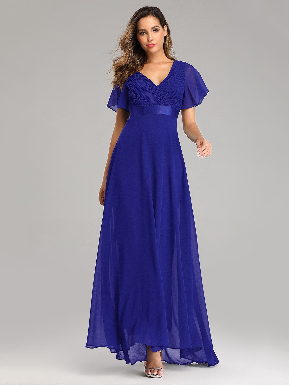 Big Swing V Neck Flared Sleeve Chiffon Party Bridesmaid Evening Dress