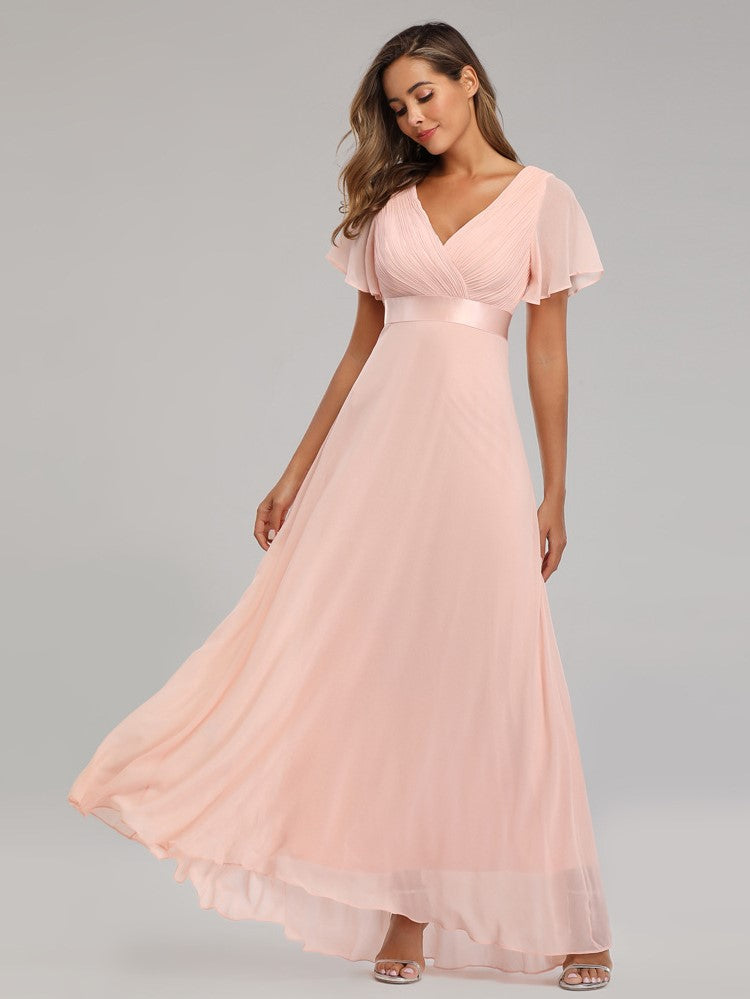 Big Swing V Neck Flared Sleeve Chiffon Party Bridesmaid Evening Dress