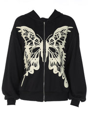 Wings Print Loose Zip Cardigan Sweatshirt Jacket