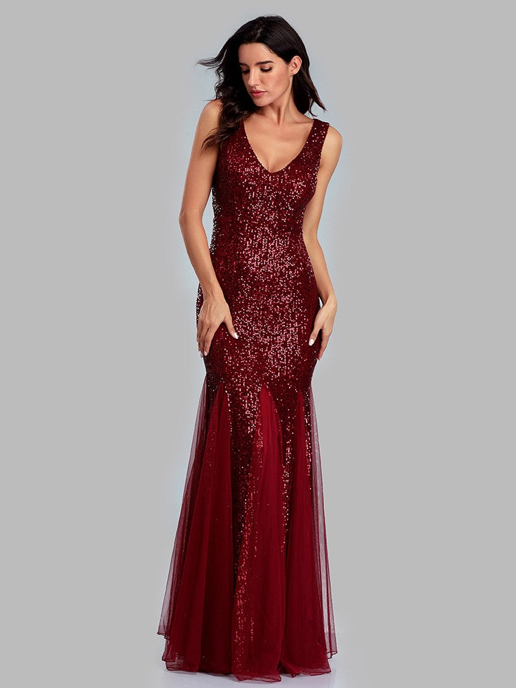 Sequin Panel Mesh Mermaid  Evening Dress Double V Neck Sleeveless Shiny Bridesmaid Dress