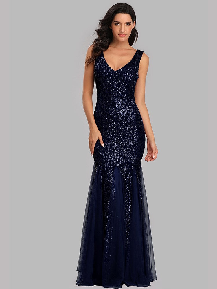 Sequin Panel Mesh Mermaid  Evening Dress Double V Neck Sleeveless Shiny Bridesmaid Dress