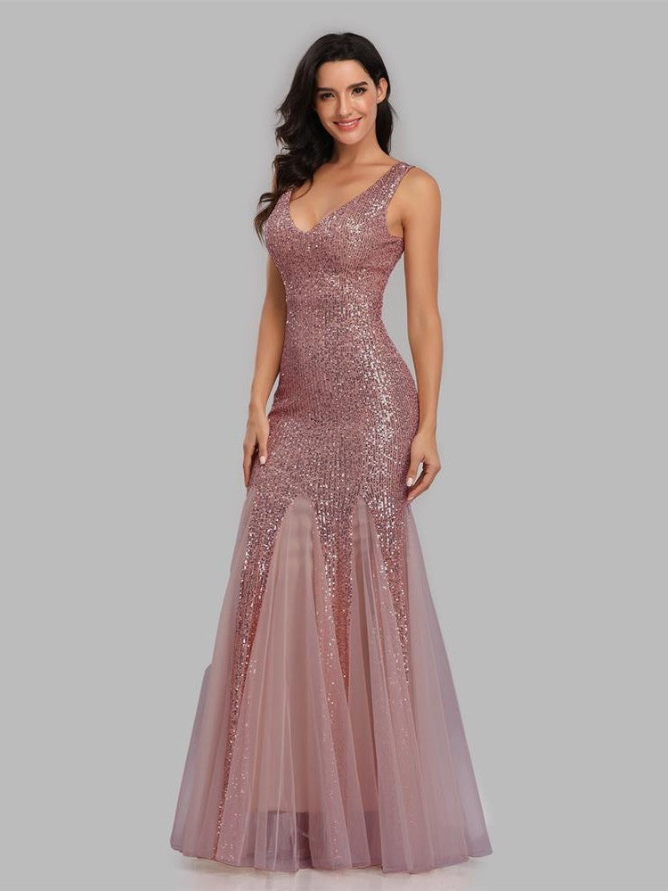 Sequin Panel Mesh Mermaid  Evening Dress Double V Neck Sleeveless Shiny Bridesmaid Dress