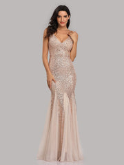 Sequin Panel Mesh Mermaid  Evening Dress Double V Neck Sleeveless Shiny Bridesmaid Dress