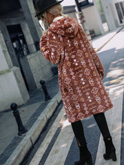 Geometric Print Long Plush Coat