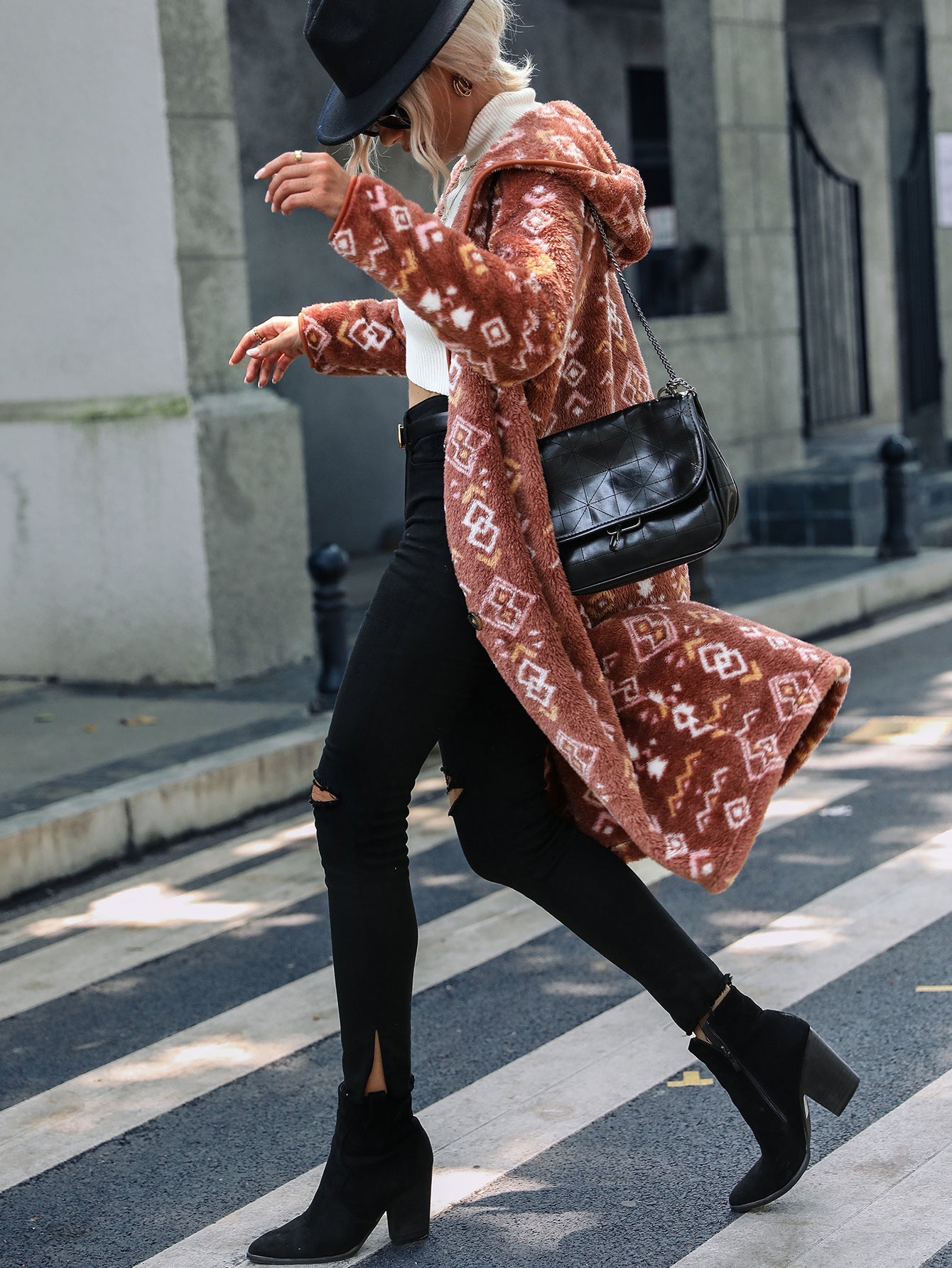 Geometric Print Long Plush Coat