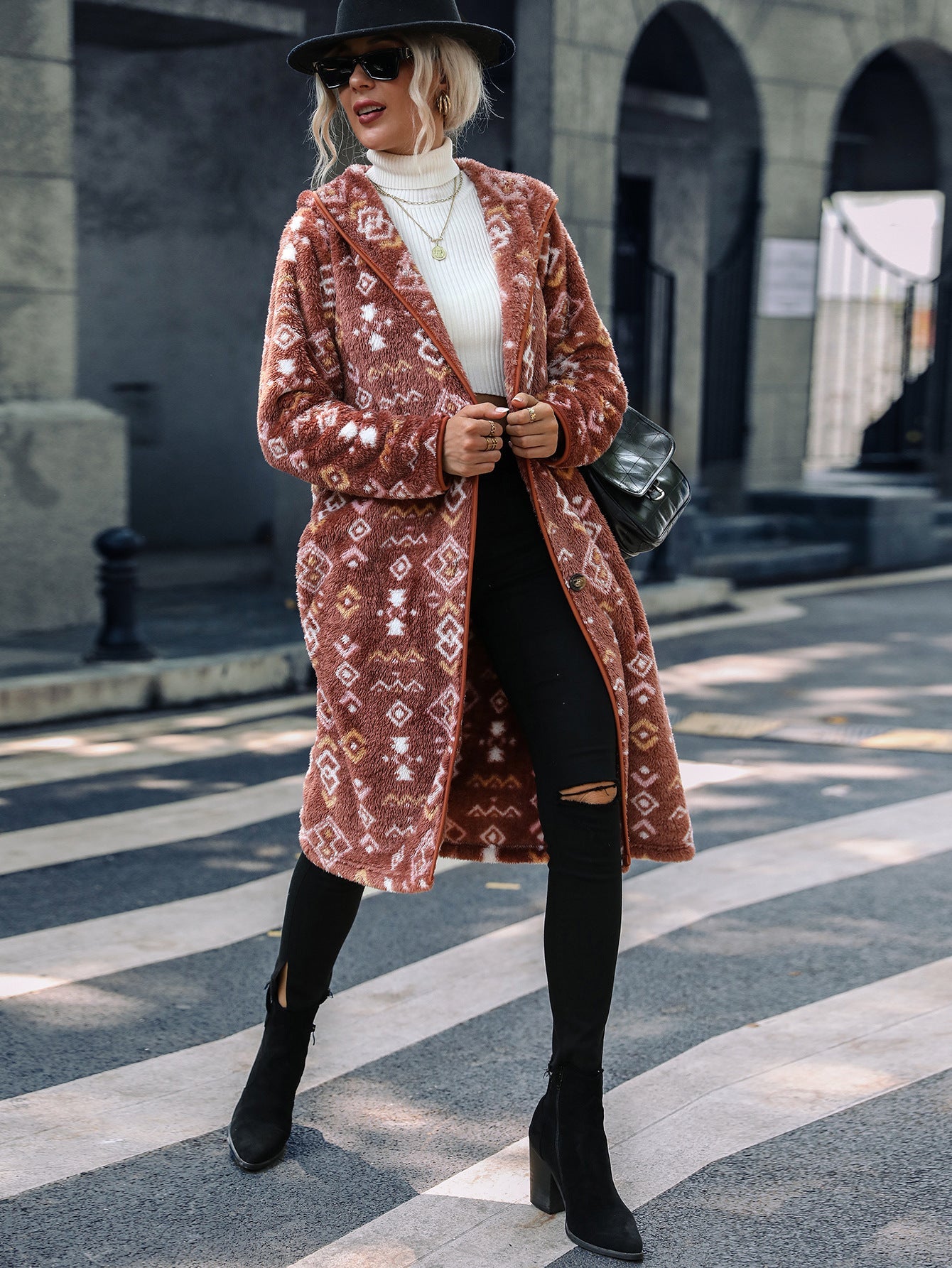 Geometric Print Long Plush Coat