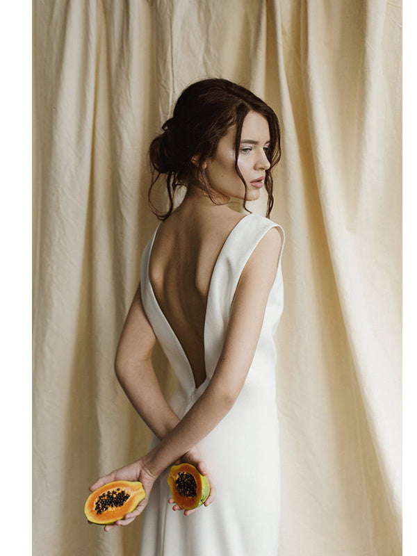 Simple Light Wedding Satin Slim Fit Slim Bridal Backless Trailing Evening Dress