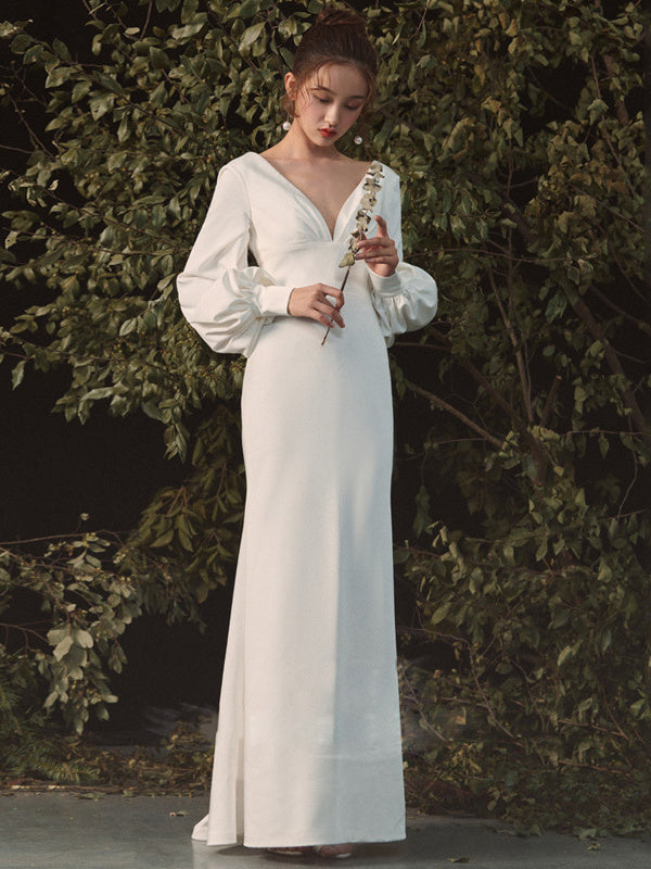 Satin Wedding Simple Long Sleeve Dress