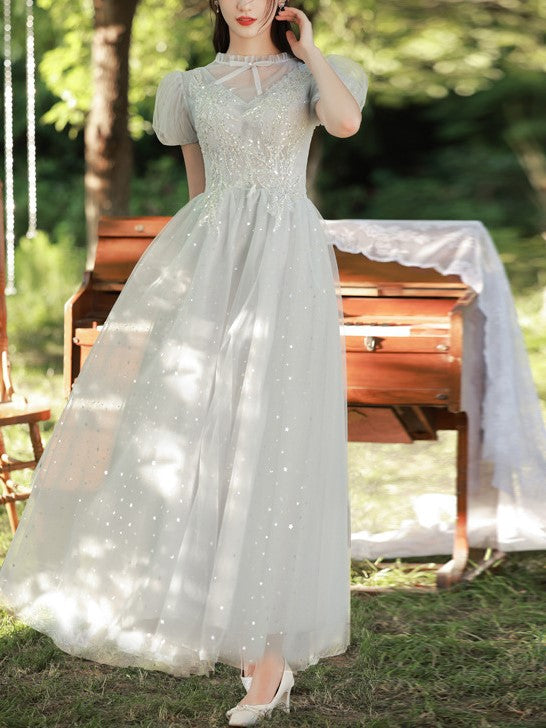 Vestido de noche ajustado con temperamento de hada gris para dama de honor 