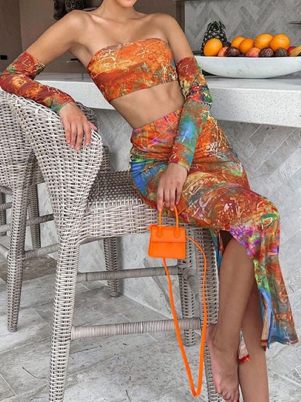 Printed Strapless Top Slim Split Skirt Set