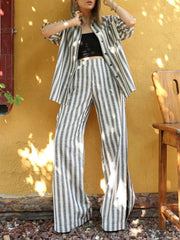Striped Lapel Long Sleeve Shirt Top High Waist Slit Wide Leg Pants Two Piece Set