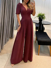 Elegant Casual V-neck Tie High-waisted Short-sleeved Wide-leg Jumpsuit