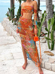 Printed Strapless Top Slim Split Skirt Set