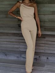 One Shoulder Solid Color One-piece Casual Pants