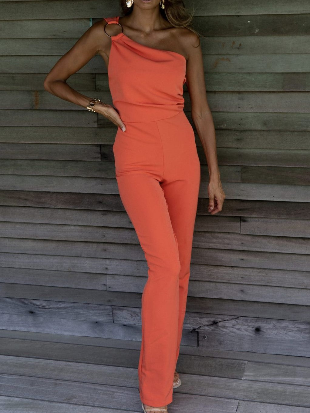 One Shoulder Solid Color One-piece Casual Pants
