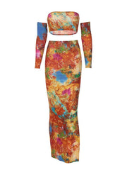 Printed Strapless Top Slim Split Skirt Set