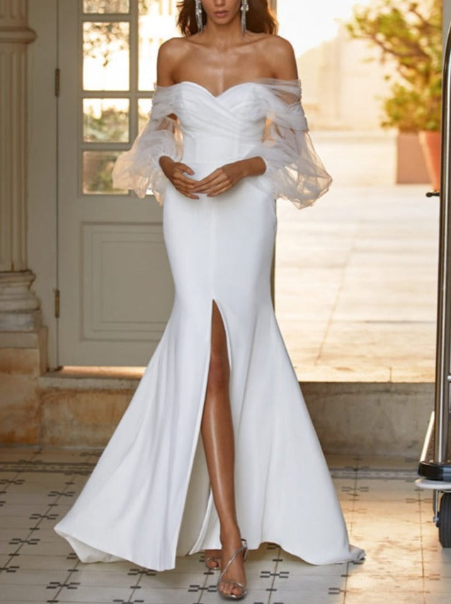 Mesh Long Sleeve White Temperament Split Evening Dress Wedding Dress