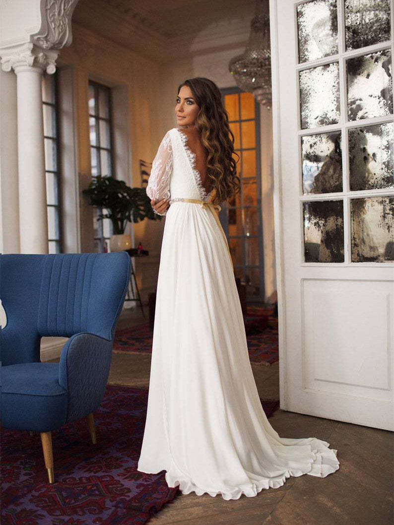 Round Neck Long Sleeve Backless Wedding Bridesmaid Dress