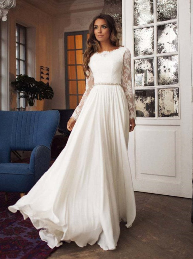 Round Neck Long Sleeve Backless Wedding Bridesmaid Dress