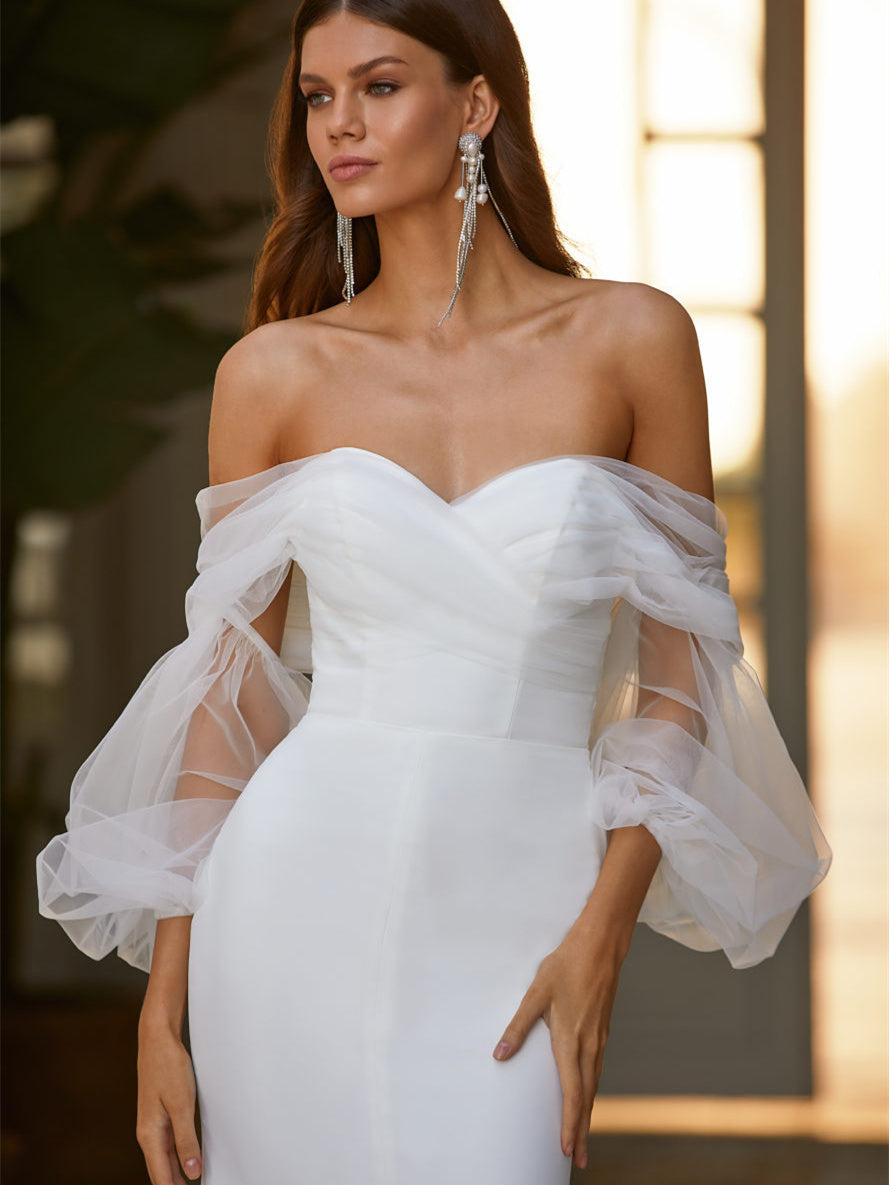 Mesh Long Sleeve White Temperament Split Evening Dress Wedding Dress