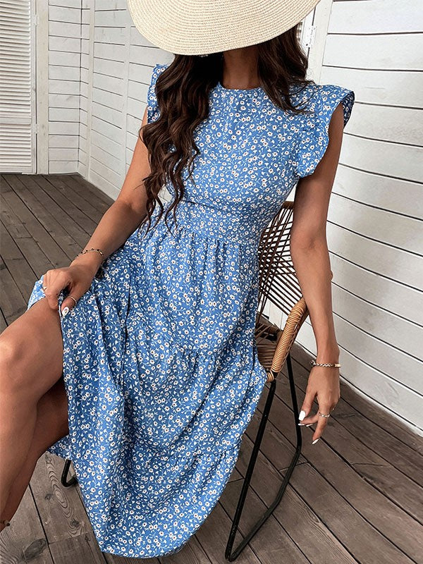 High Waist Blue Floral Dress