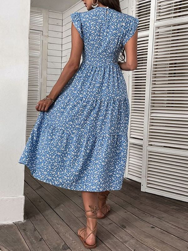 High Waist Blue Floral Dress