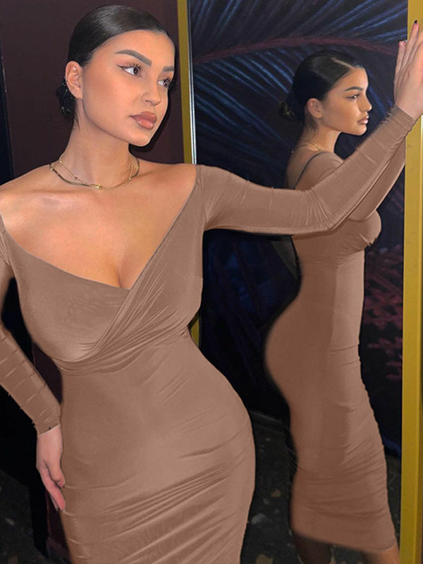 V-neck Slim Fit Long-sleeve Dress