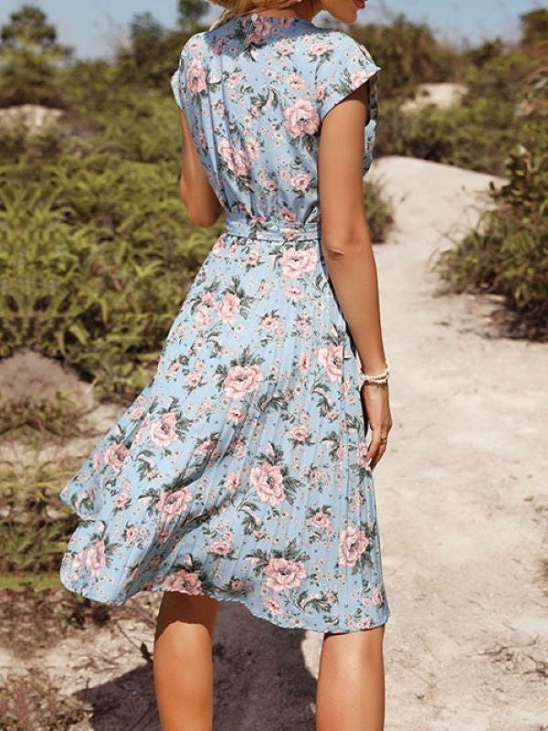 Blue Flower Print Holiday Dress