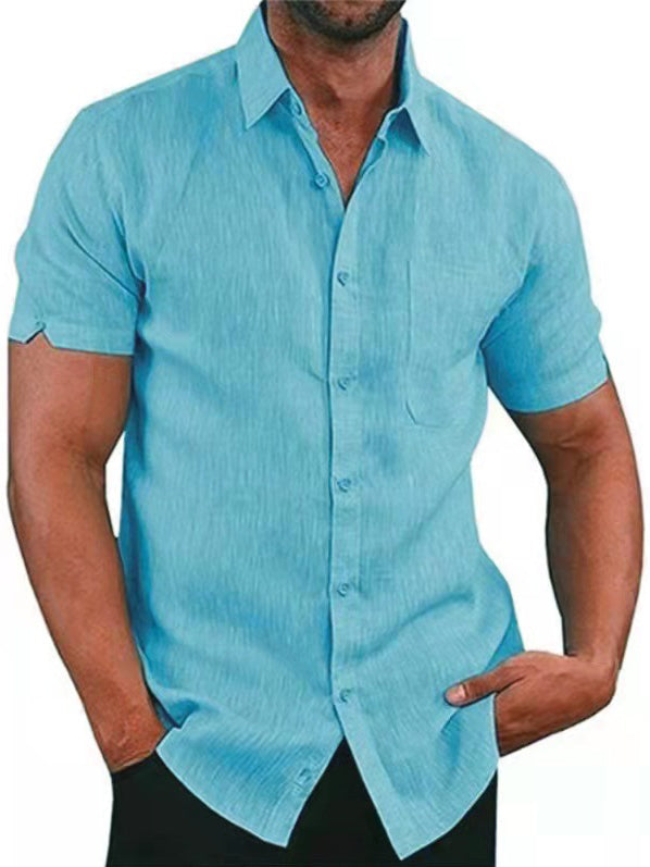 Solid Color Short Sleeve Button Men's Linen Shirt