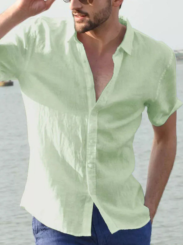 Camisa playera informal de algodón y lino con solapa