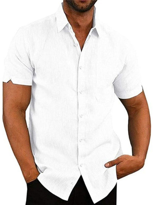 Solid Color Short Sleeve Button Men's Linen Shirt