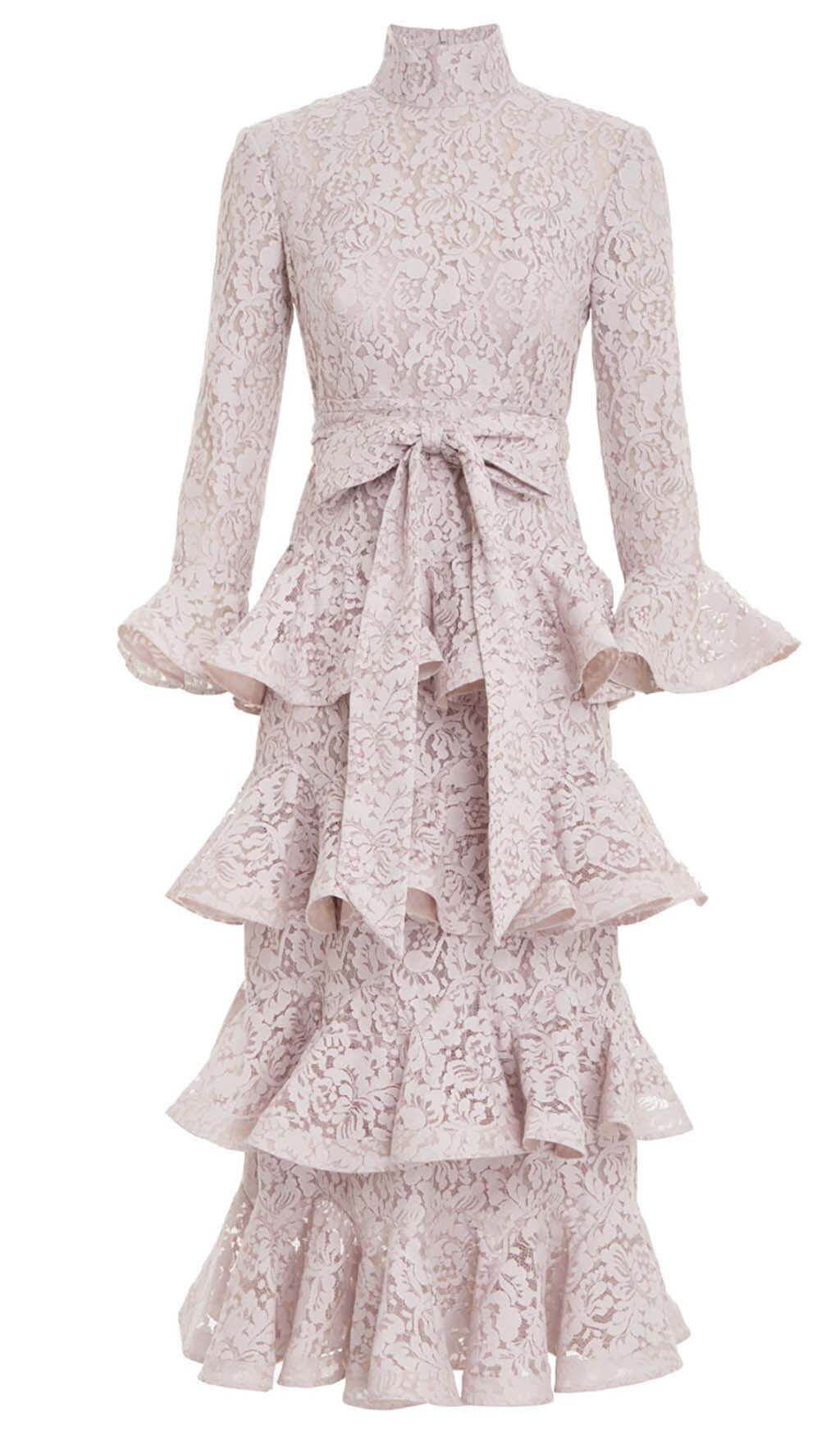 TIERed Floral-EmbroideRed Lace Midi Dress