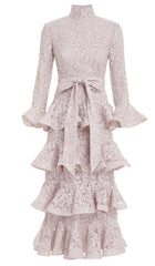 TIERed Floral-EmbroideRed Lace Midi Dress