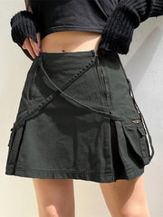 Metal Ring Buckle High Waist Pleated Skirt