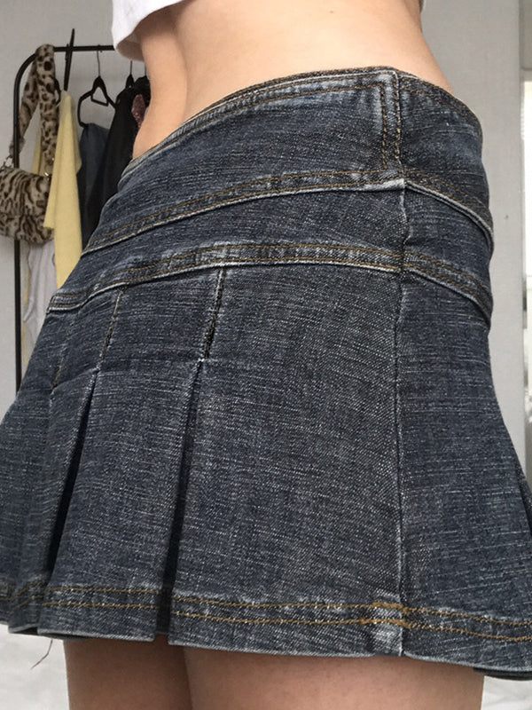 Slim Denim Short Pleated Skirt