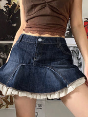 Gradient Denim Skirt Ruffle Panel Skirt