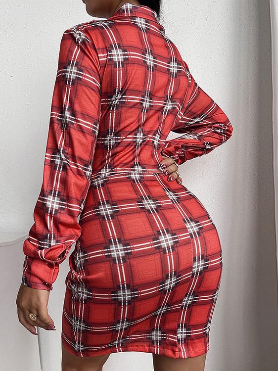 Plaid Lapel V-Neck Long Sleeve Mini Dress